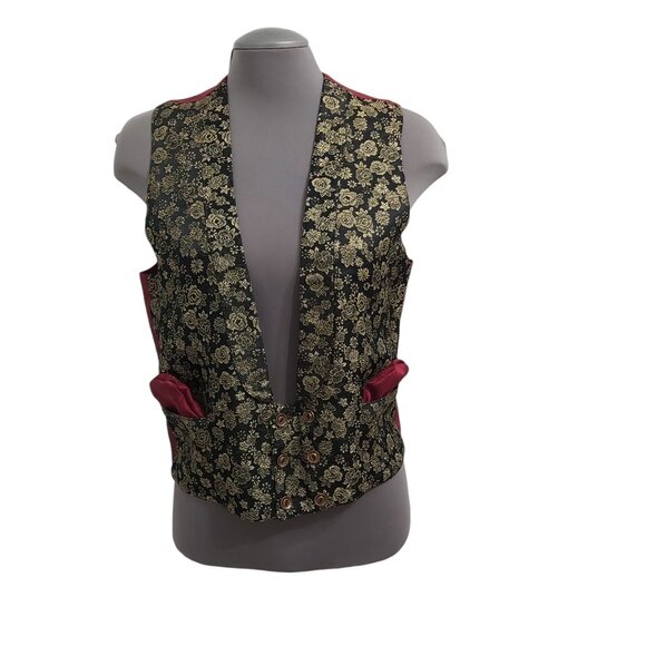 Vest - Black and Metallic Gold Brocade Fabric Burgundy Lining - Medium - Unisex - Picture 8 of 11